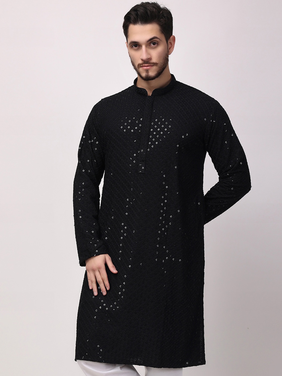 

ROYAL KURTA Geometric Embroidered Mandarin Collar Sequined Silk Straight Kurta, Black