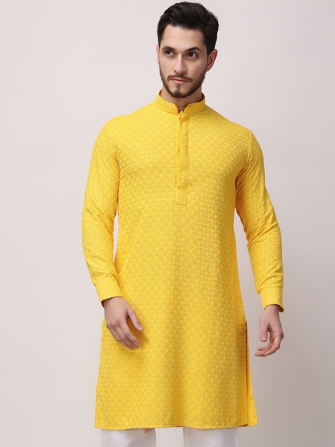 

ROYAL KURTA Mandarin Collar Mirror Work Kurta, Yellow