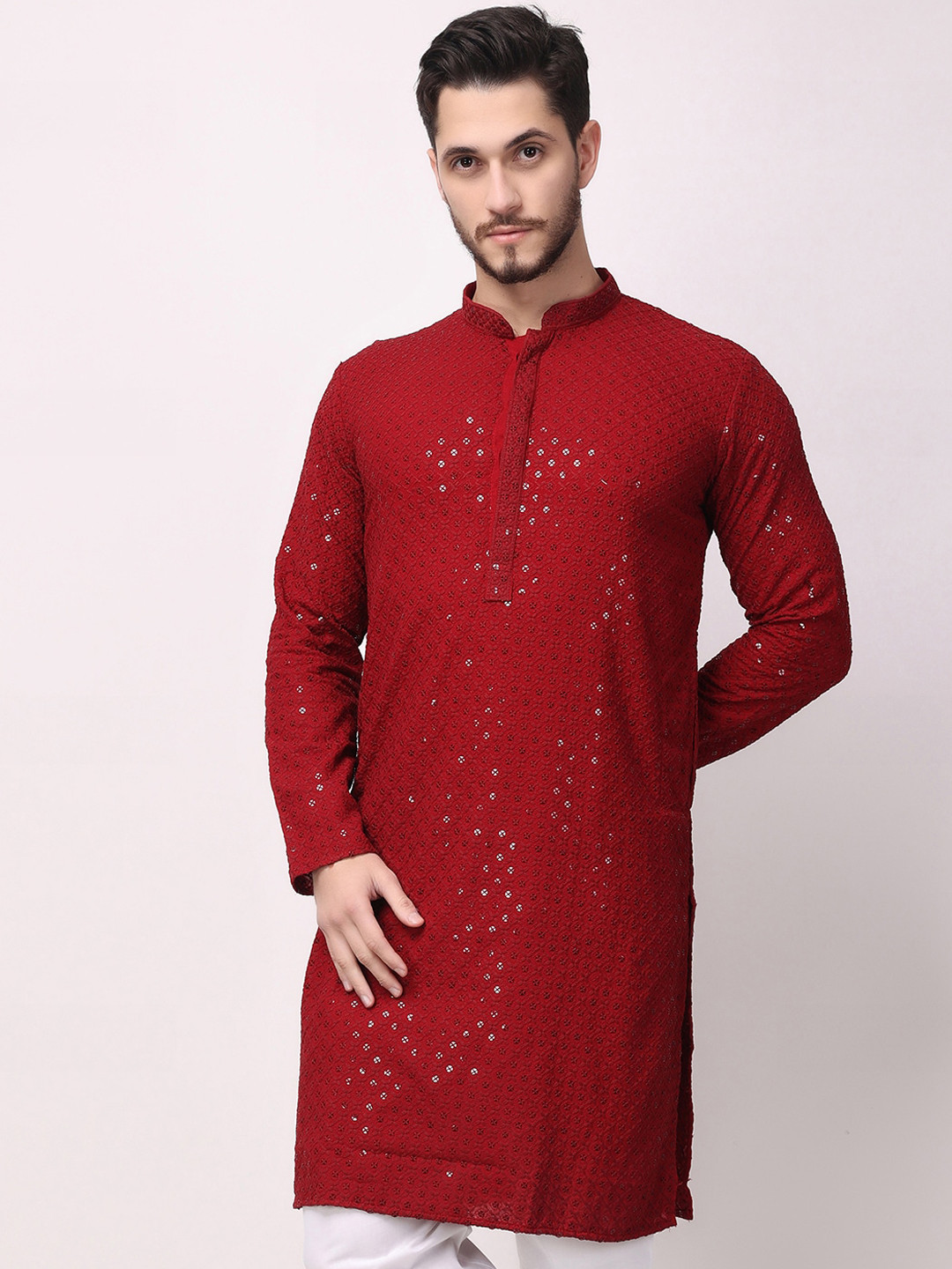 

ROYAL KURTA Embroidered Mandarin Collar Thread Work Kurta, Maroon