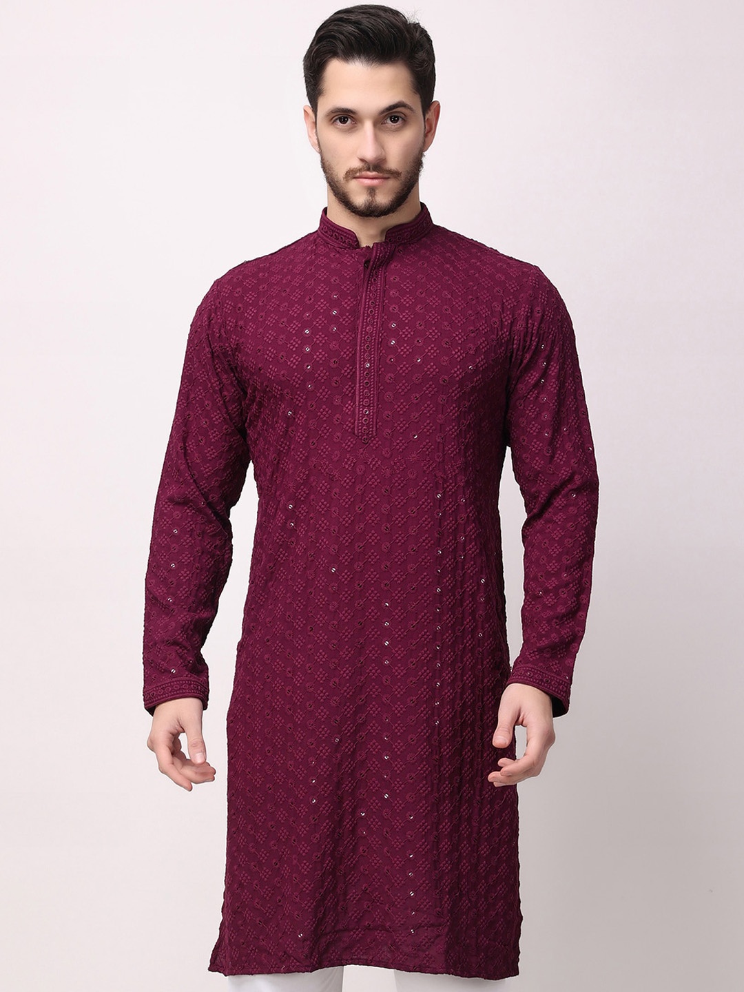 

ROYAL KURTA Mandarin Collar Floral Woven Design Mirror Work Kurta, Purple