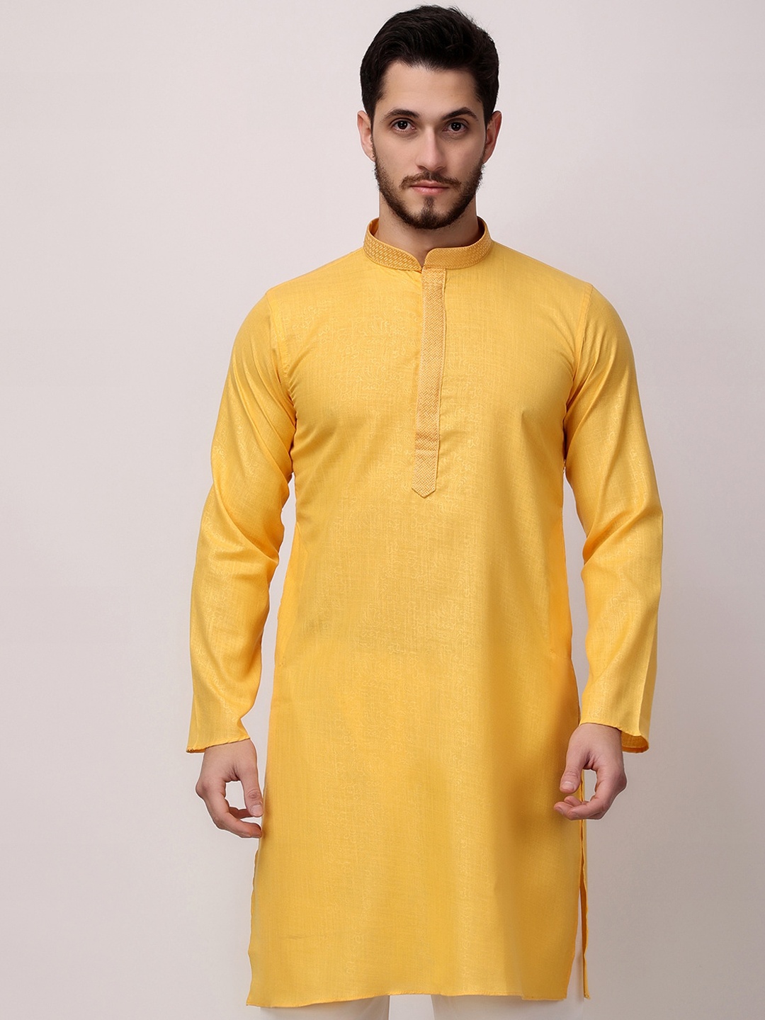 

ROYAL KURTA Mandarin Collar Embroidered Cotton Kurta, Yellow