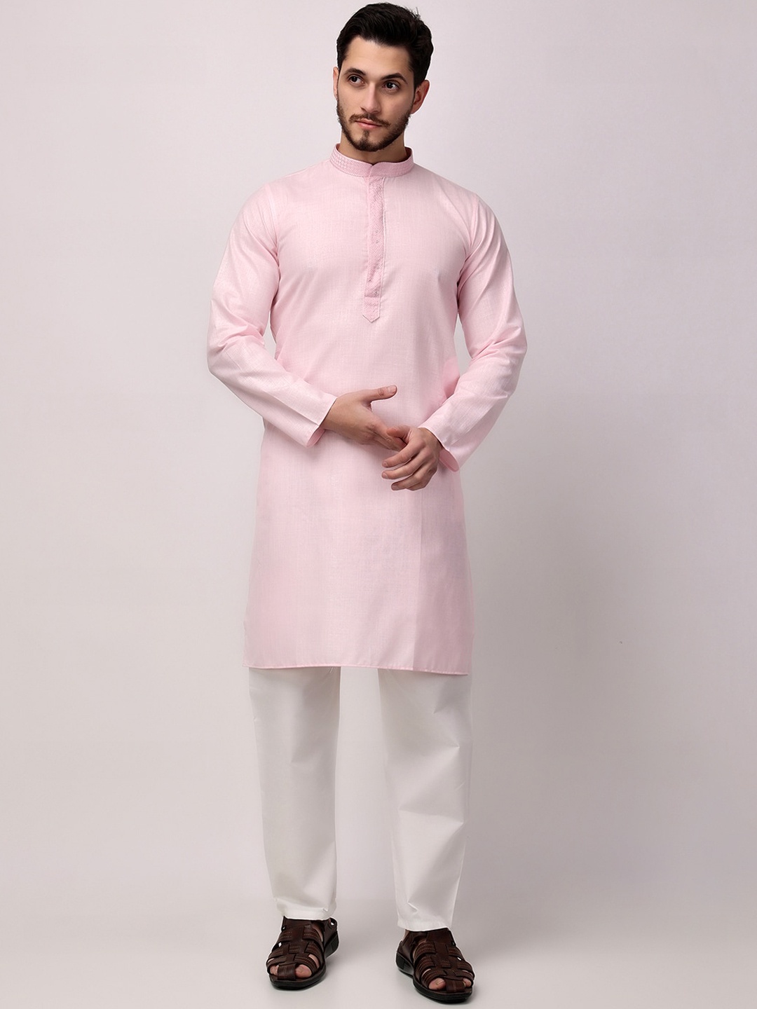 

ROYAL KURTA Embroidered Band Collar Pure Cotton Straight Kurta With Churidar, Pink