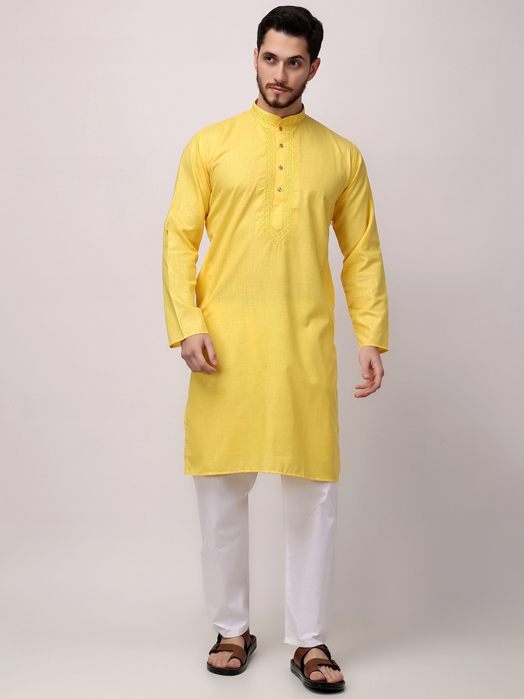 

ROYAL KURTA Ethnic Motifs Printed Thread Work Pure Cotton Kurta with Trousers, Yellow