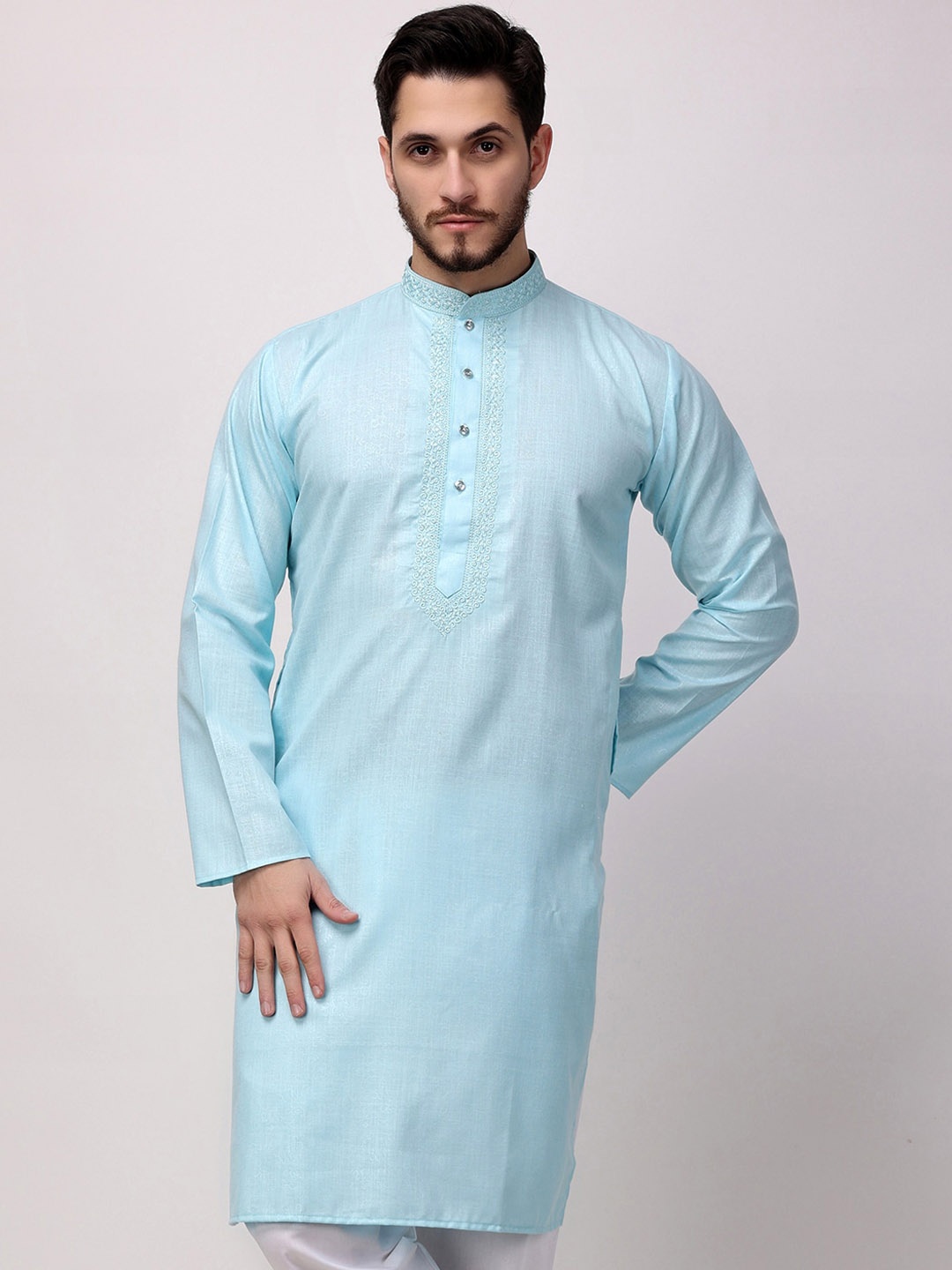 

ROYAL KURTA Mandarin Collar Embroidered Cotton Kurta, Turquoise blue