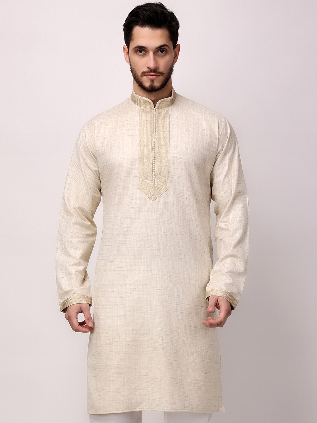 

ROYAL KURTA Mandarin Collar Thread Work Cotton Straight Kurta, Beige