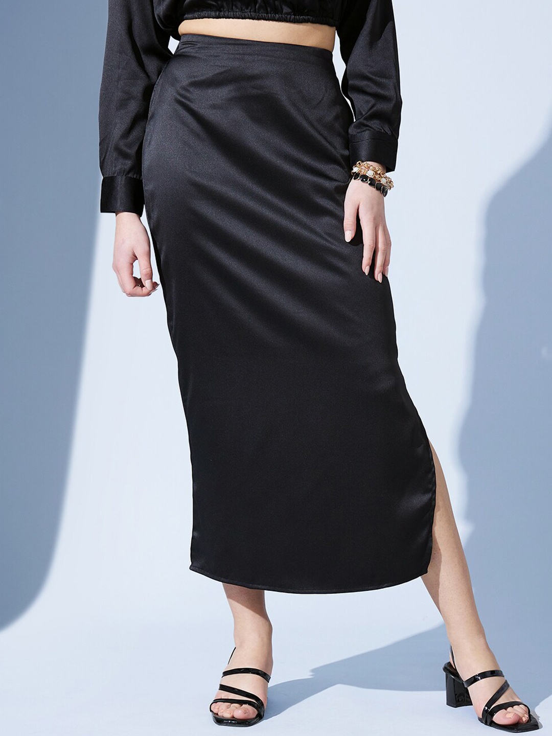 

STREET 9 Black Straight Side Slit Midi Skirt