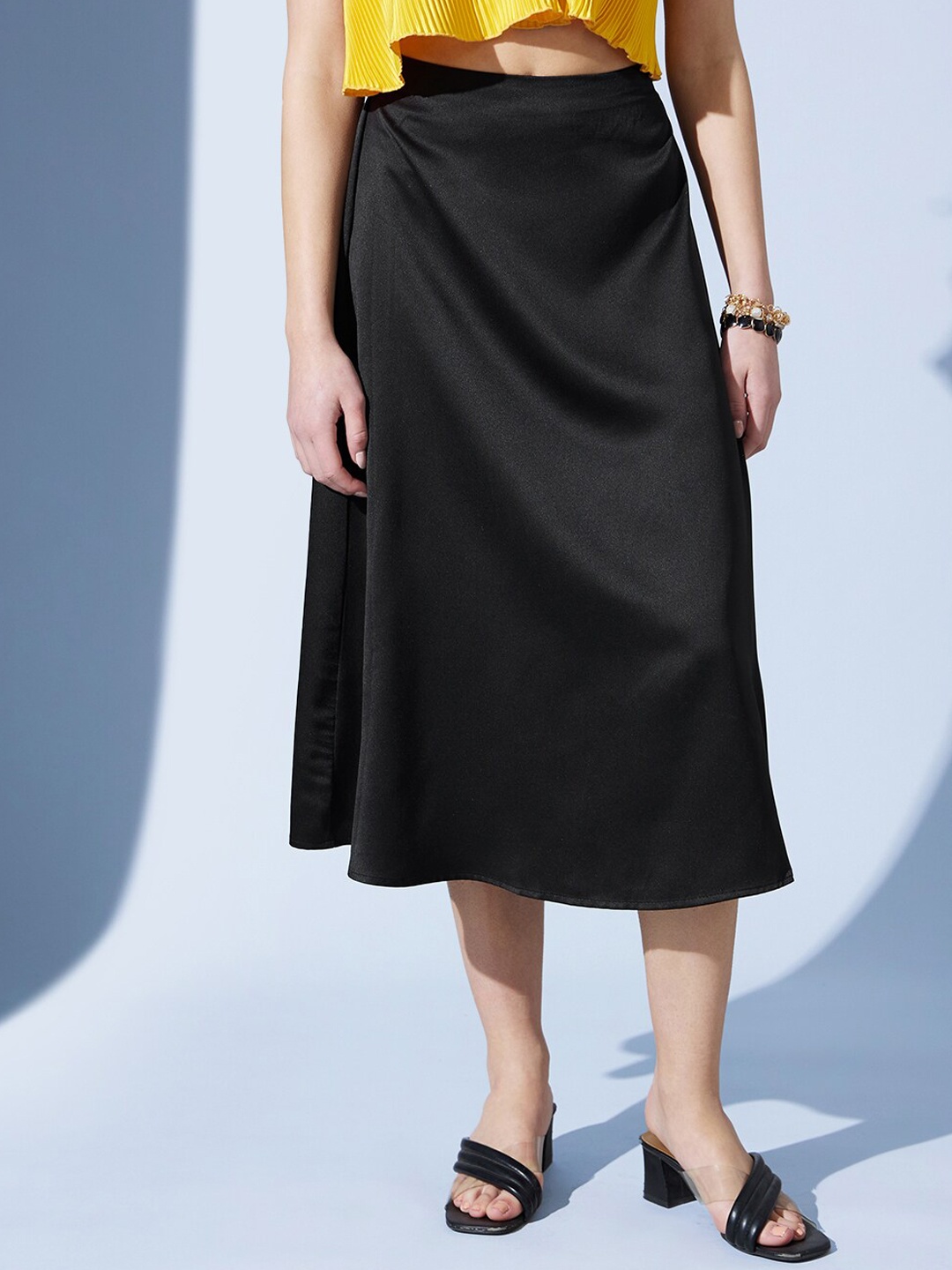 

STREET 9 Black Satin A-Line Midi Skirt
