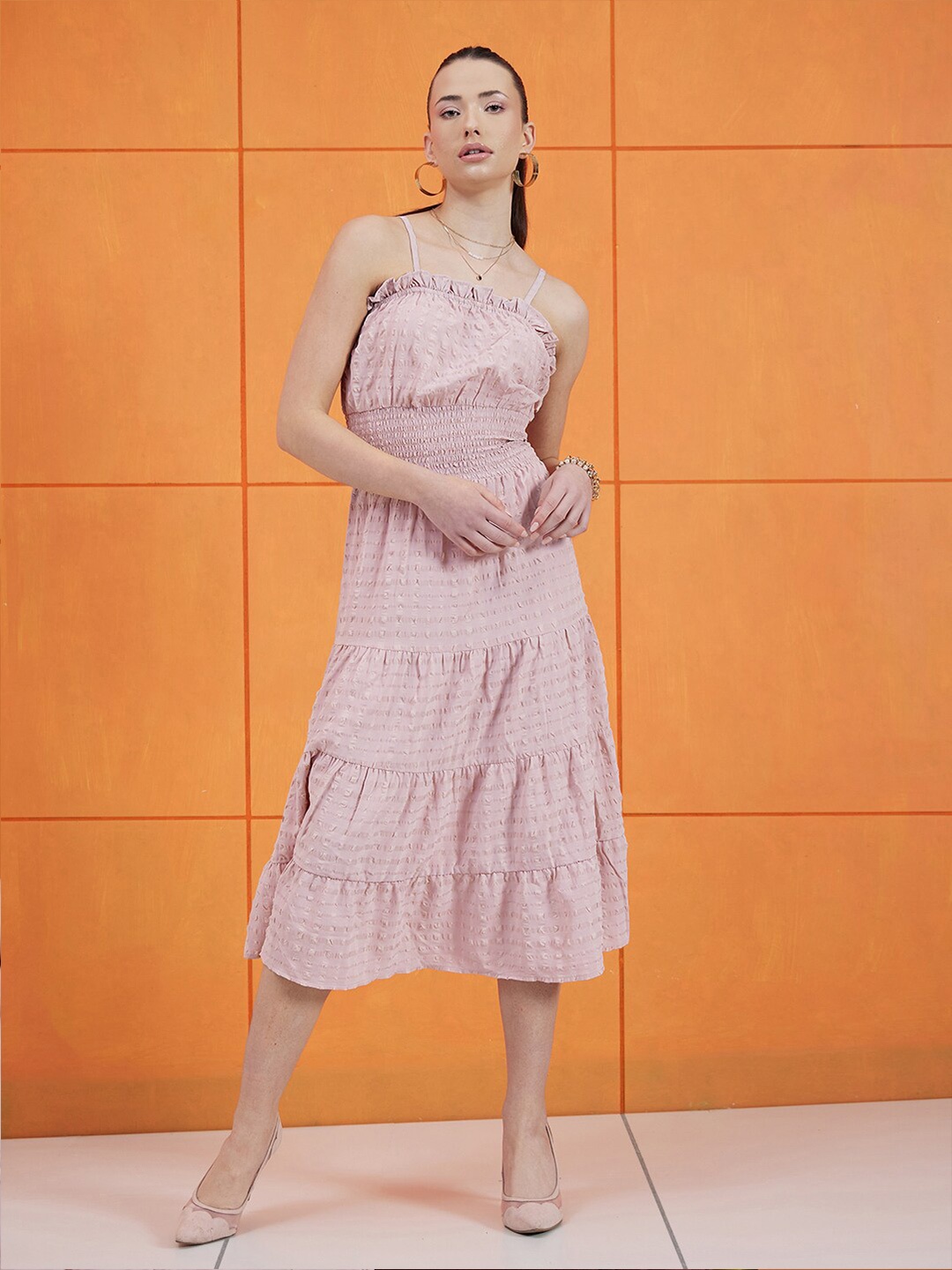 

STREET 9 Self Design Shoulder Straps Smocked Tiered A-Line Dress, Pink