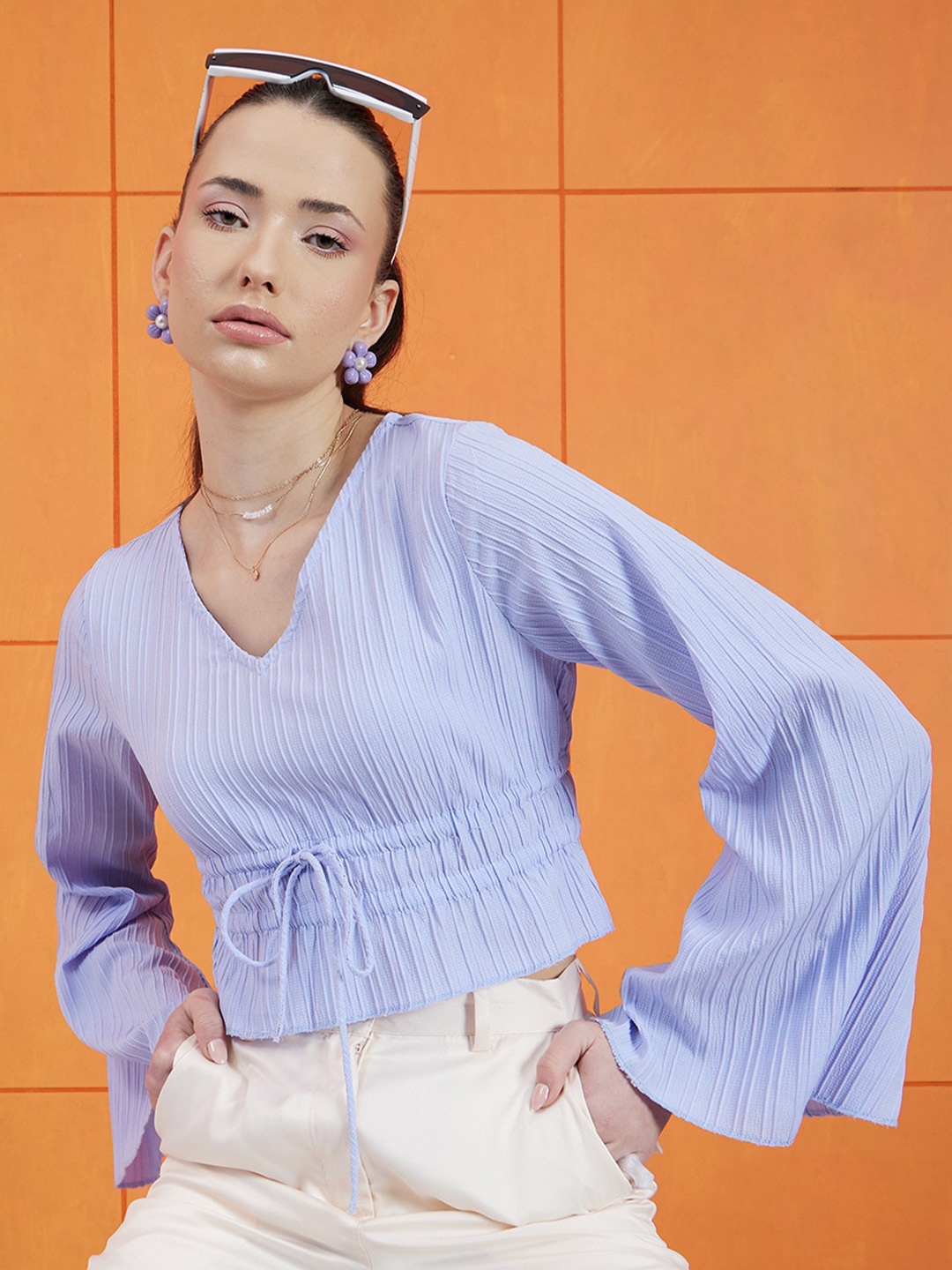 

STREET 9 Blue Self Design Flared Sleeves Tie-Ups Jacquard Fitted Crop Top