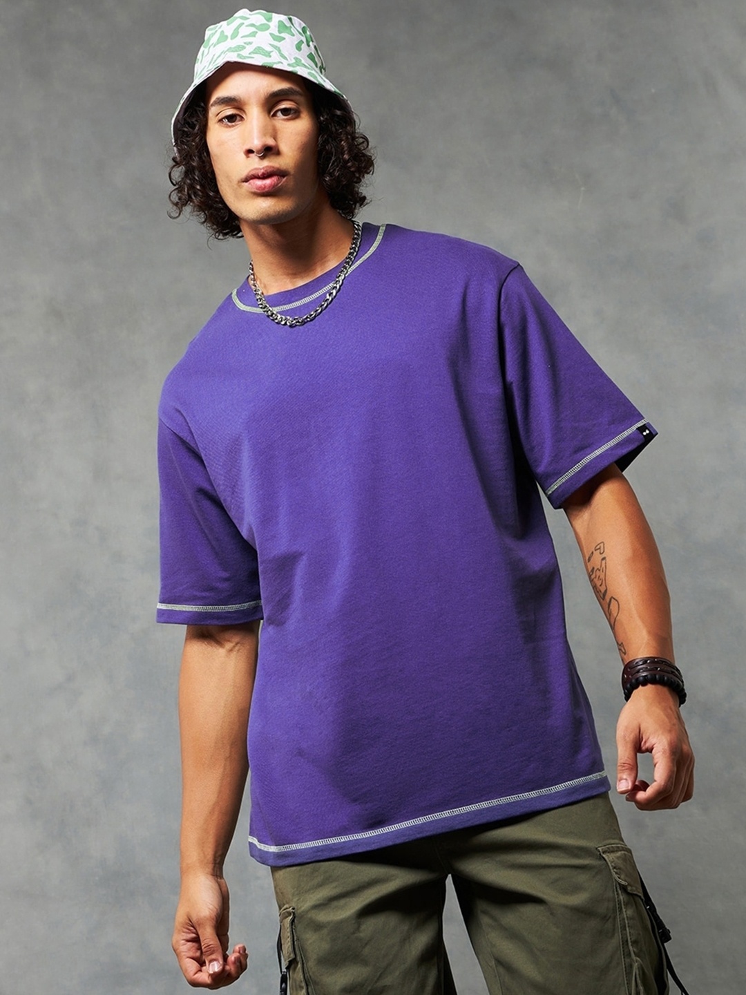 

Bewakoof Drop-Shoulder Sleeves Oversized Cotton T-shirt, Blue