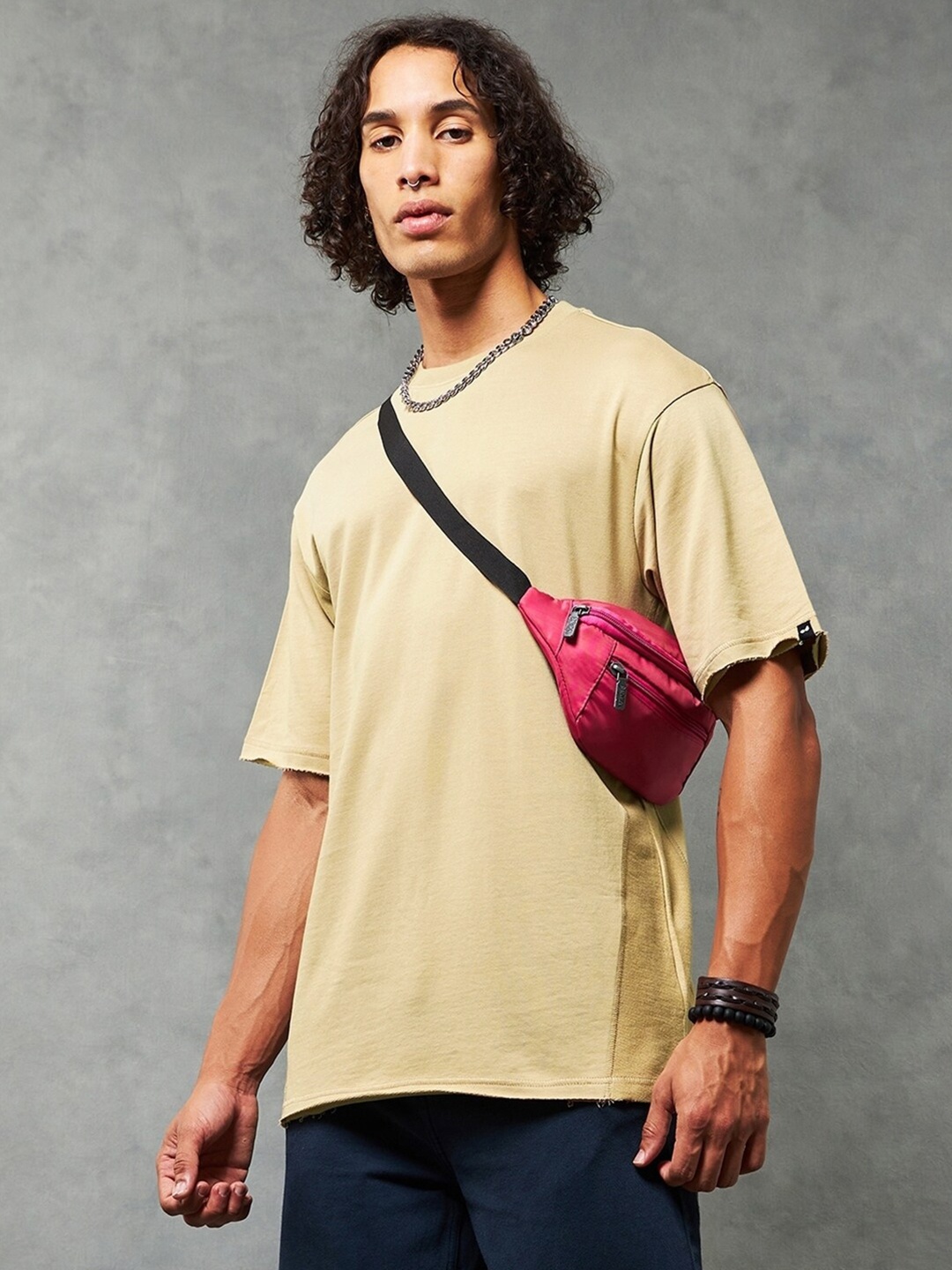 Bewakoof Drop-Shoulder Sleeves Oversized Cotton T-shirt, Brown