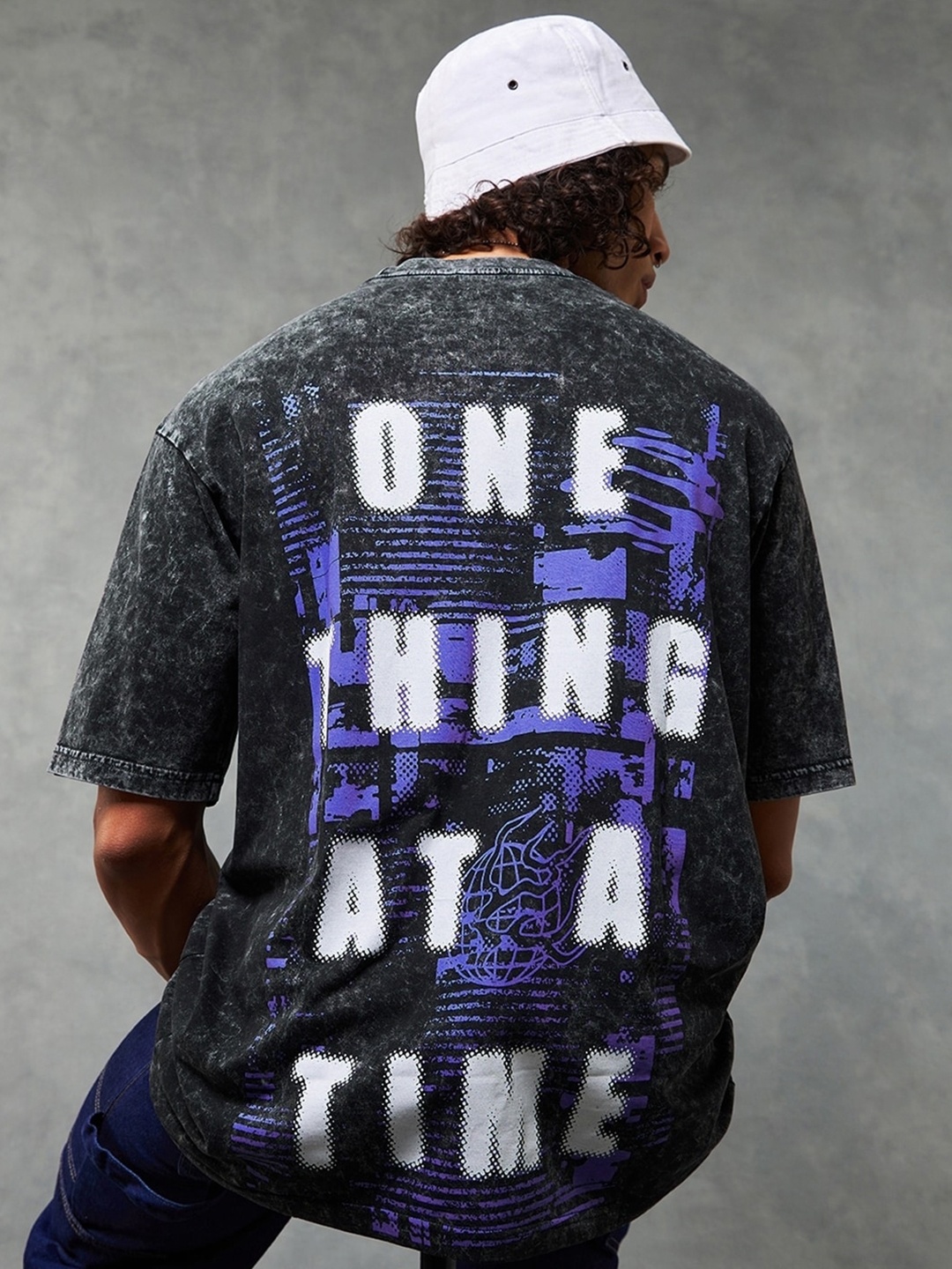 

Bewakoof One Thing Typography Printed Drop-Shoulder Sleeves Oversized Cotton T-shirt, Black