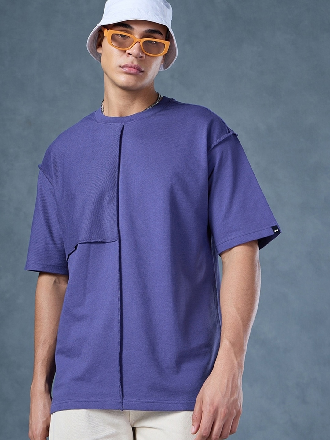 

Bewakoof Drop-Shoulder Sleeves Oversized Pure Cotton T-shirt, Blue