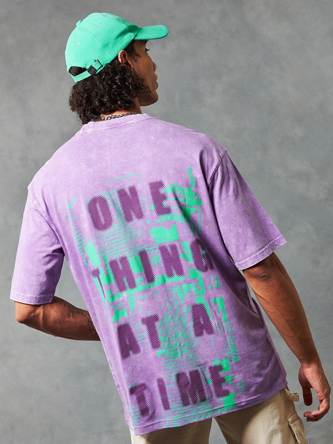 

Bewakoof One Thing Typography Printed Drop-Shoulder Sleeves Oversized Cotton T-shirt, Purple