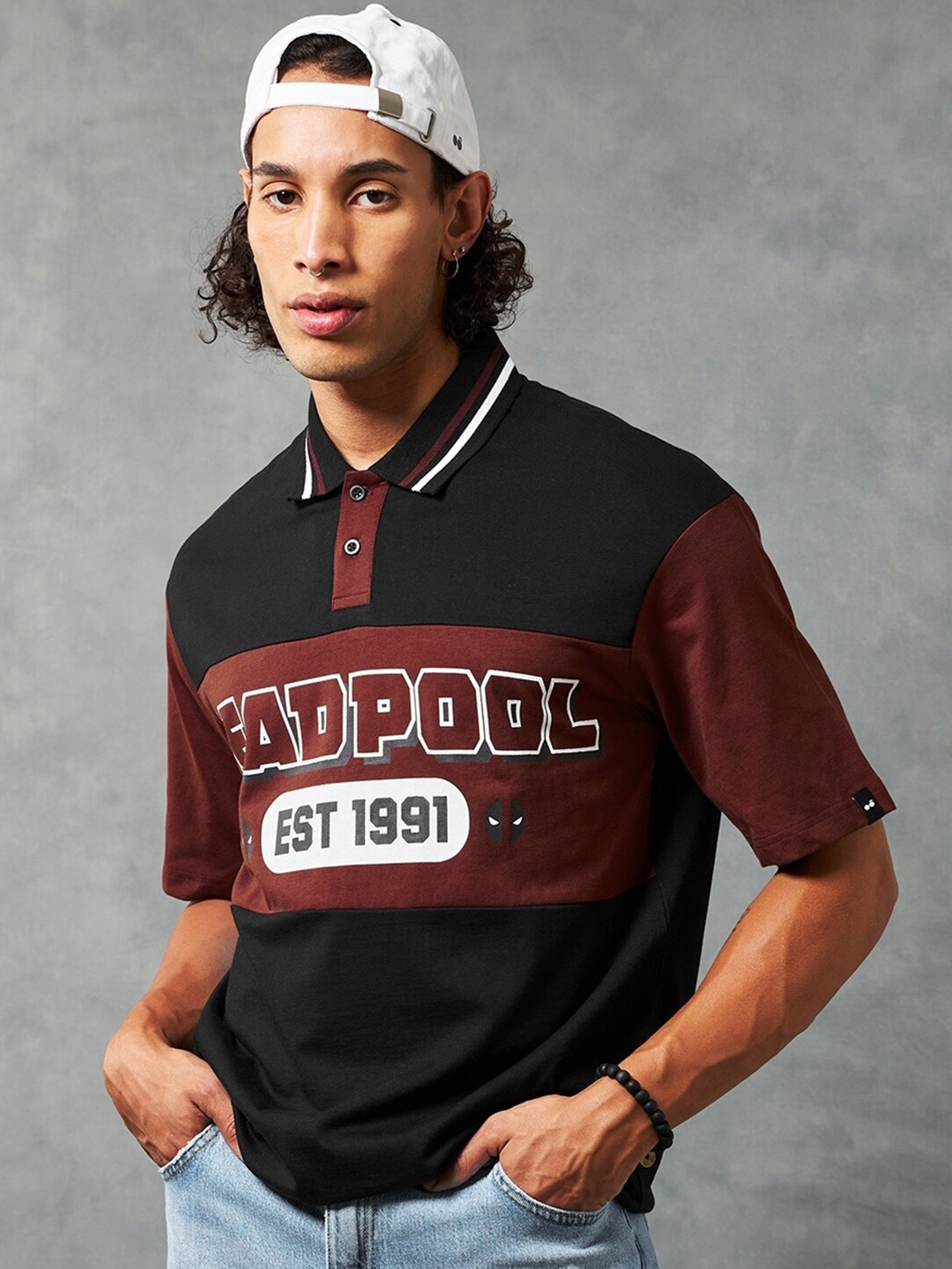 

Bewakoof Deadpool Printed Polo Collar Oversized Cotton T-shirt, Black