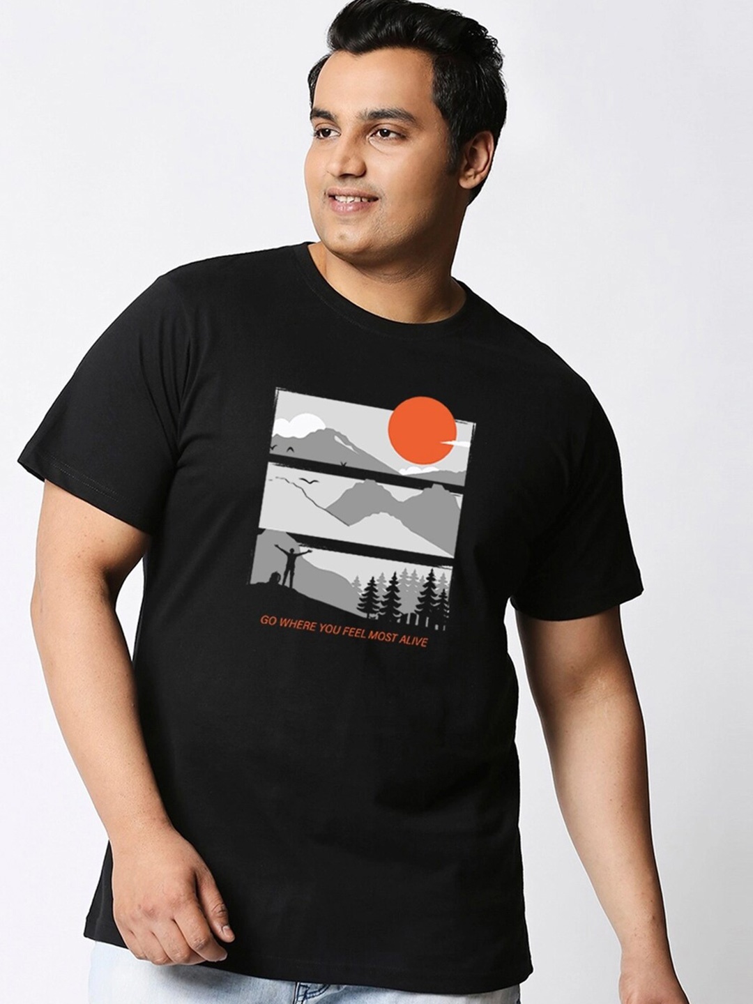 

Bewakoof Plus Graphic Printed Round Neck Short Sleeves Cotton Regular T-shirt, Black