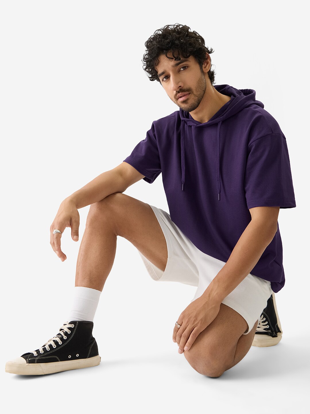 

The Souled Store Hooded Drop-Shoulder Sleeves Pure Cotton Oversized T-shirt, Purple