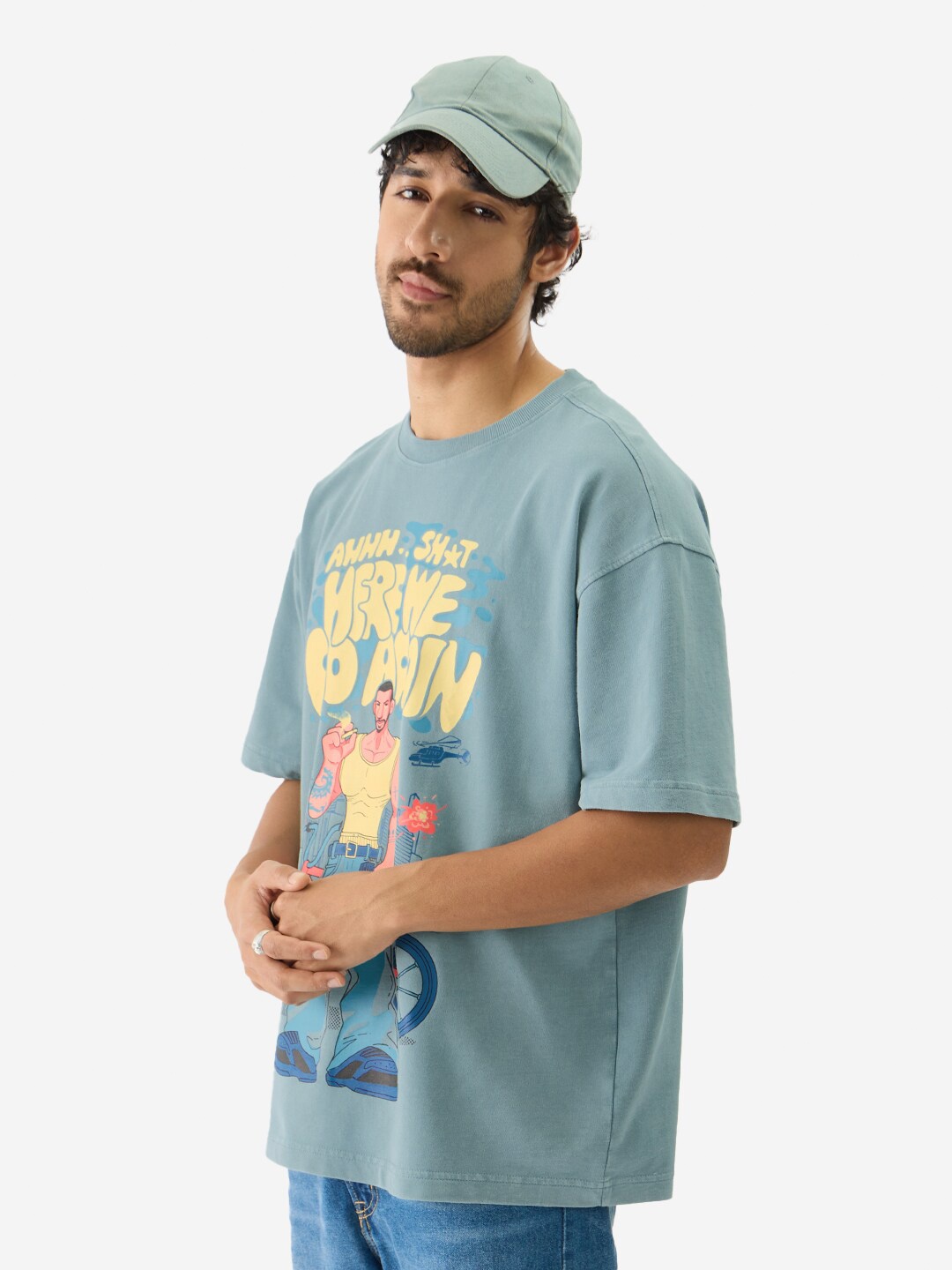 

The Souled Store Men Green Typography Printed Pure Cotton Oversized T-shirt
