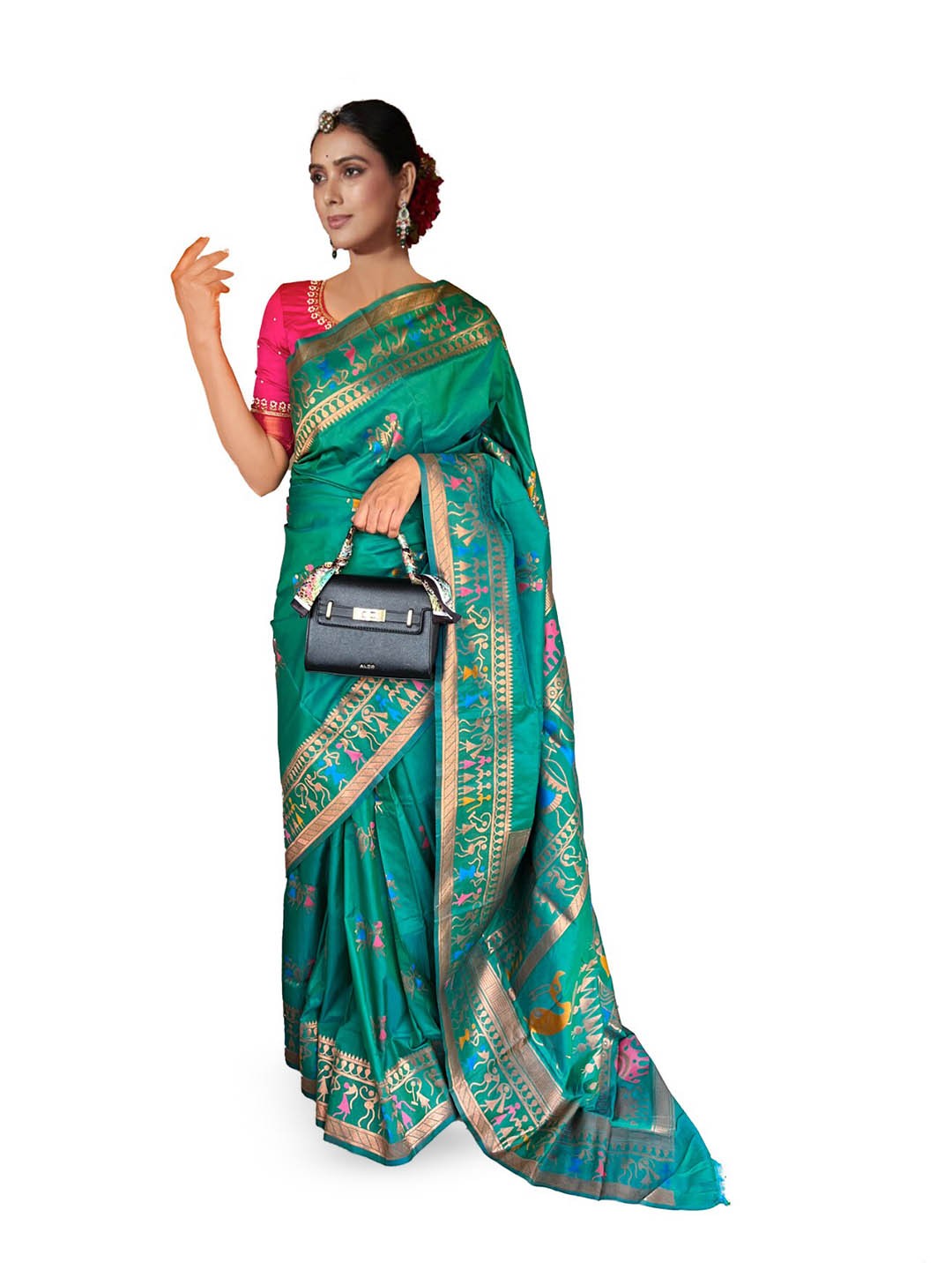

NK Textiles Warli Woven Design Zari Paithani Saree, Sea green