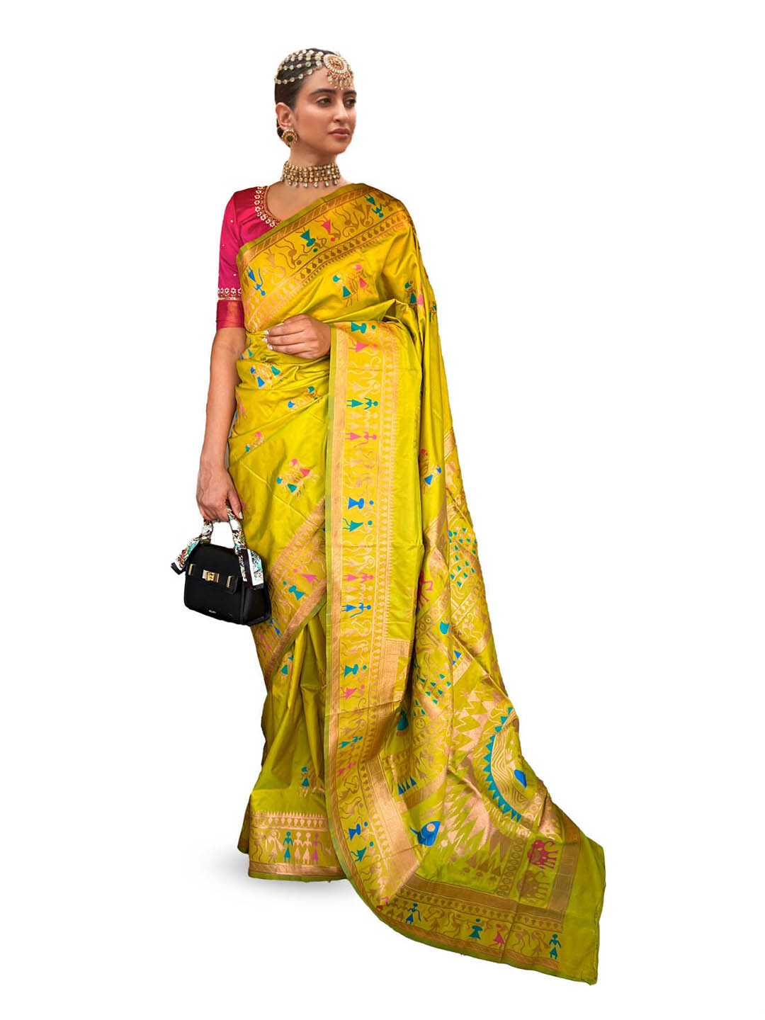 

NK Textiles Warli Woven Design Zari Paithani Saree, Lime green