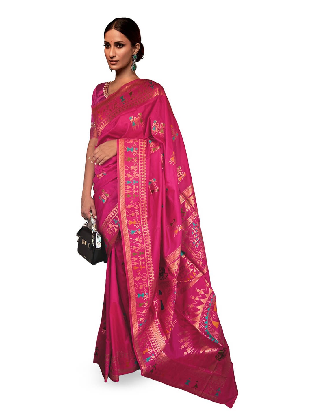 

NK Textiles Warli Woven Design Zari Paithani Saree, Pink