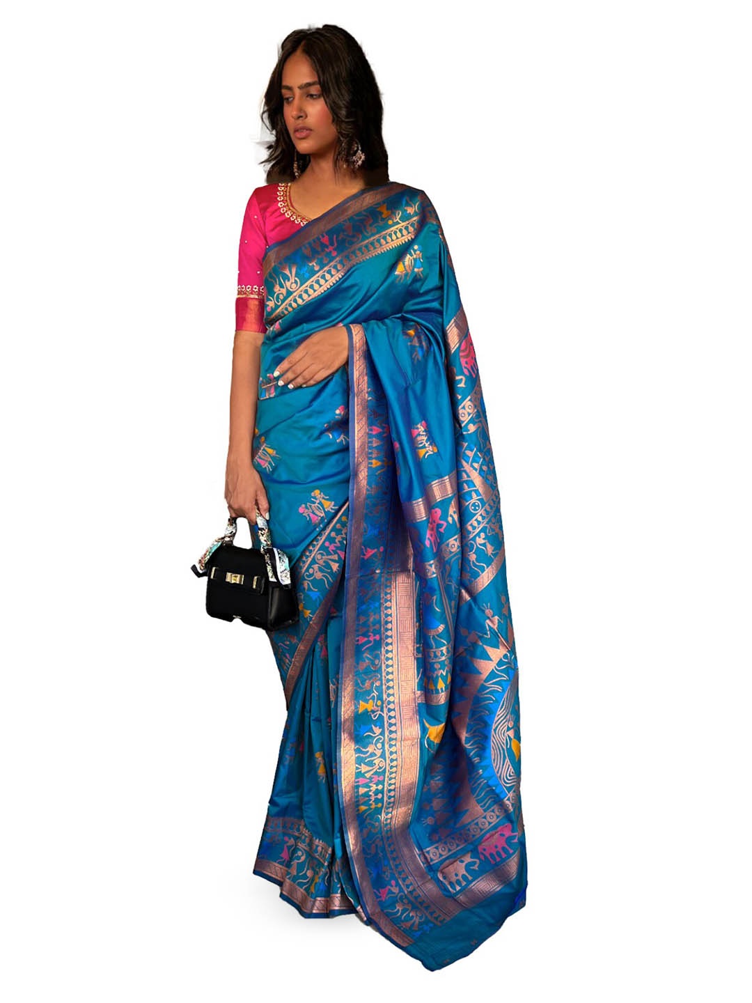 

NK Textiles Warli Woven Design Zari Paithani Saree, Blue