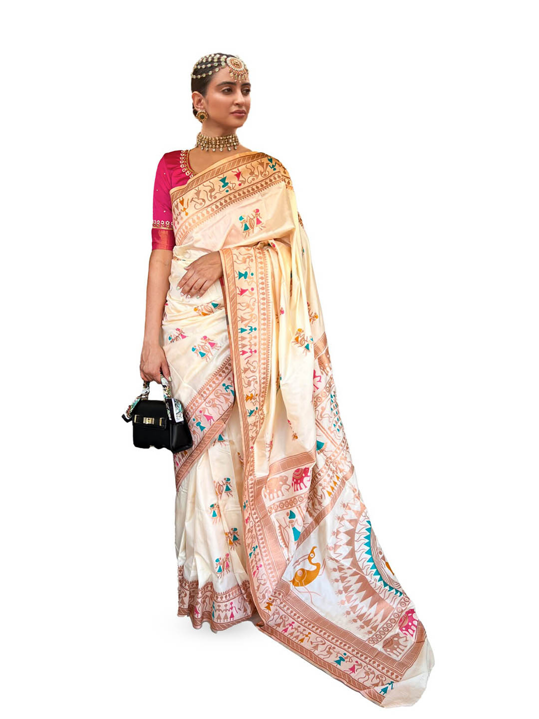 

NK Textiles Warli Woven Design Zari Paithani Saree, Off white