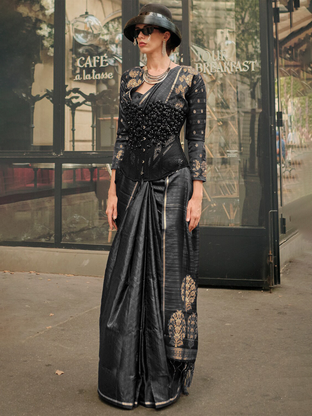 

DEVATITHI Floral Woven Design Zari Saree, Black