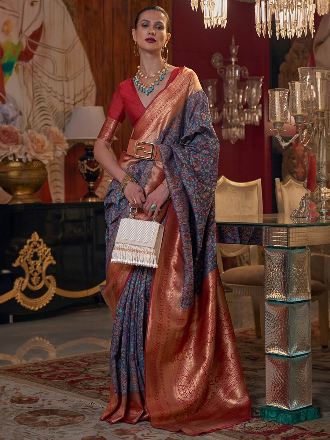 

DEVATITHI Paisley Woven Design Zari Pashmina Saree, Blue