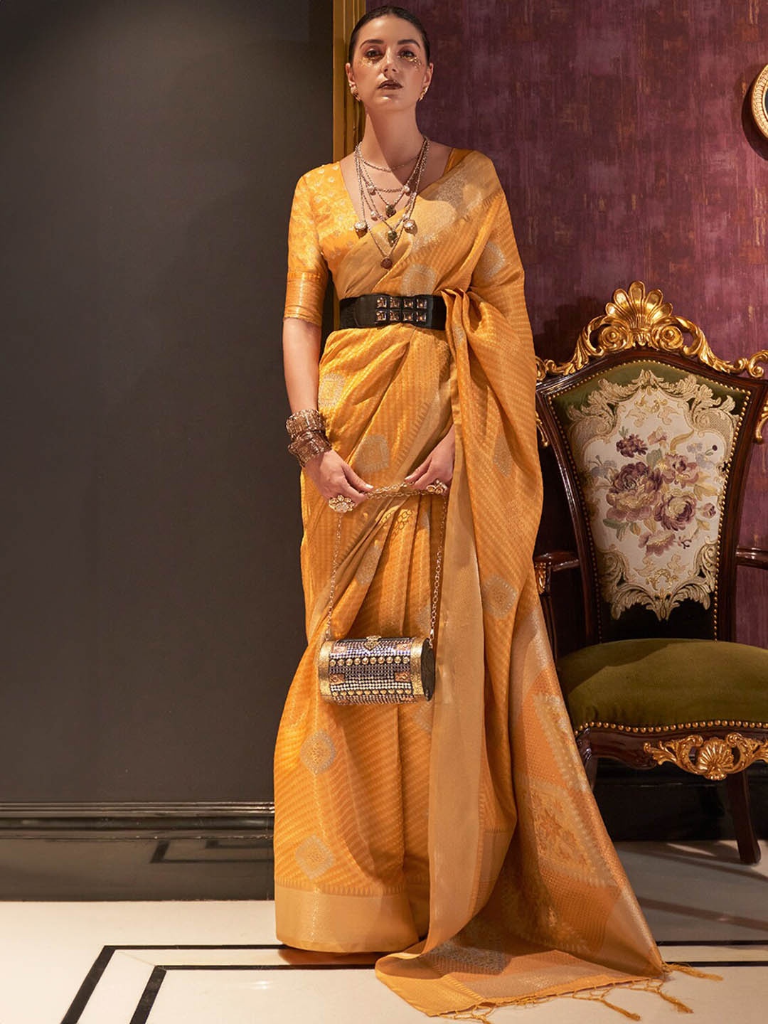 

DEVATITHI Striped Woven Design Zari Banarasi Saree, Yellow