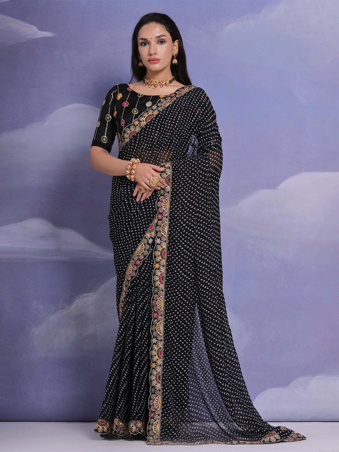 

Kalista Bandhani Printed Embroidered Saree, Black