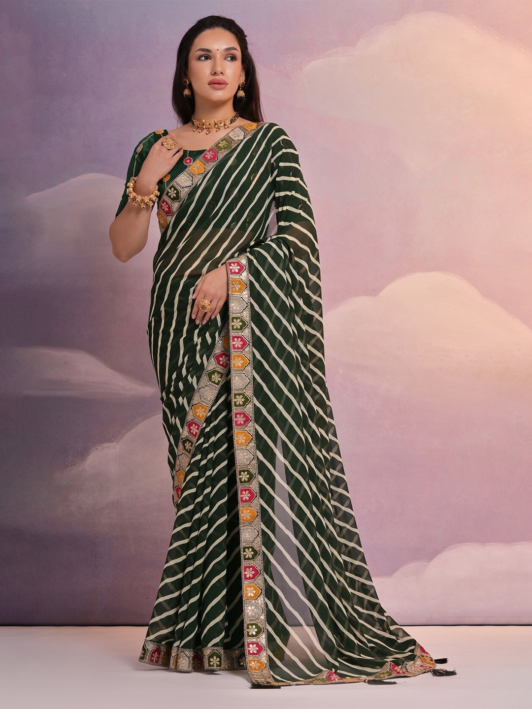 

Kalista Striped Embroidered Saree, Green