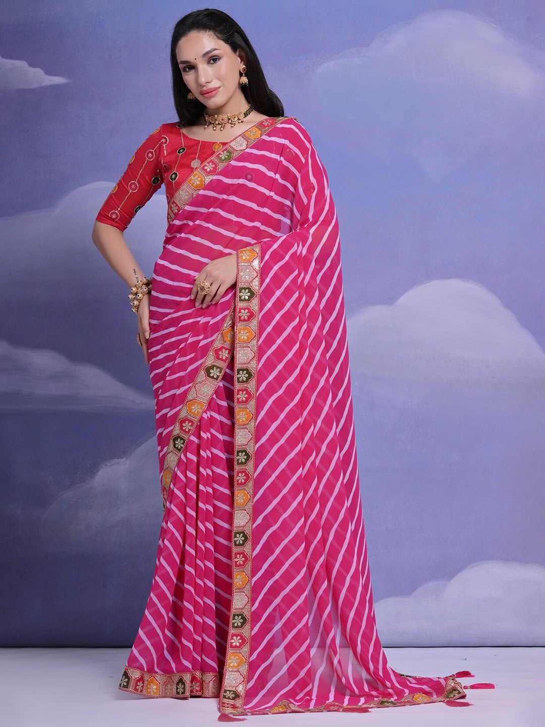 

Kalista Leheriya Printed Pure Embroidered Georgette Saree, Pink
