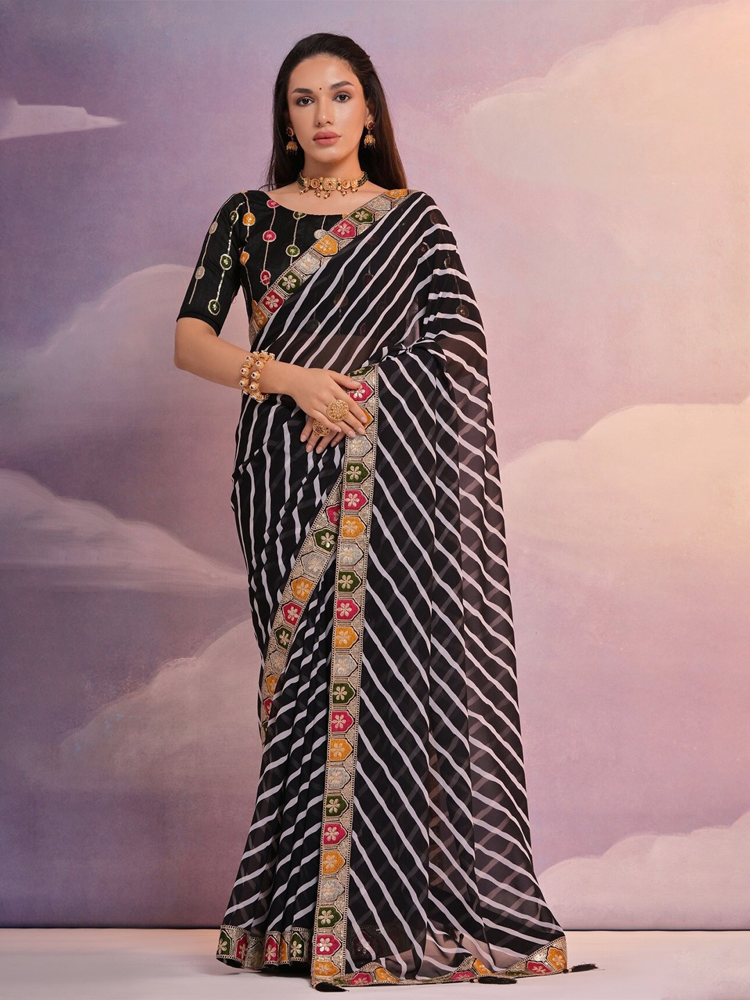

Kalista Leheriya Printed Embroidered Saree, Black