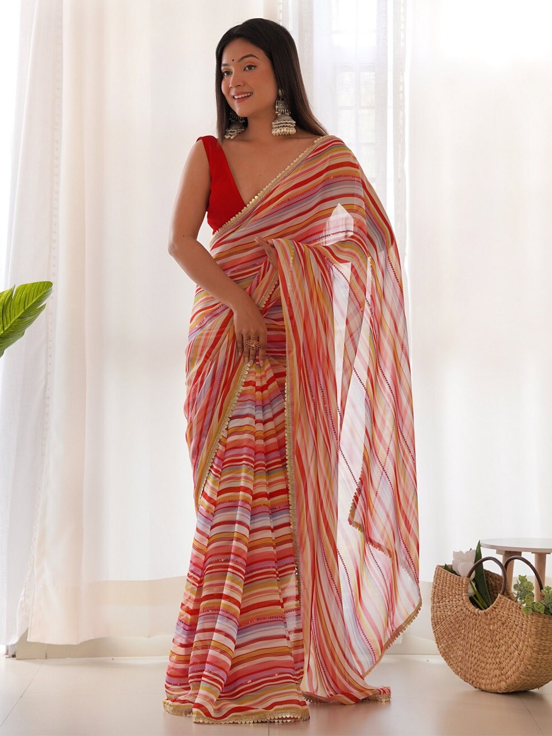 

Kalista Striped Sequinned Saree, Red