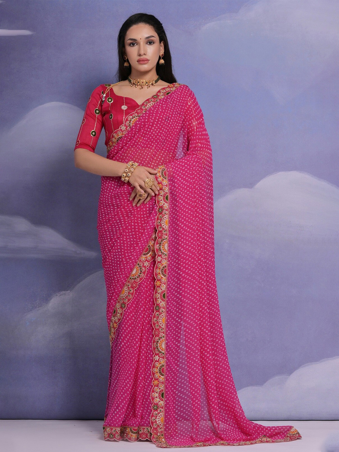 

Kalista Bandhani Embroidered Saree, Pink