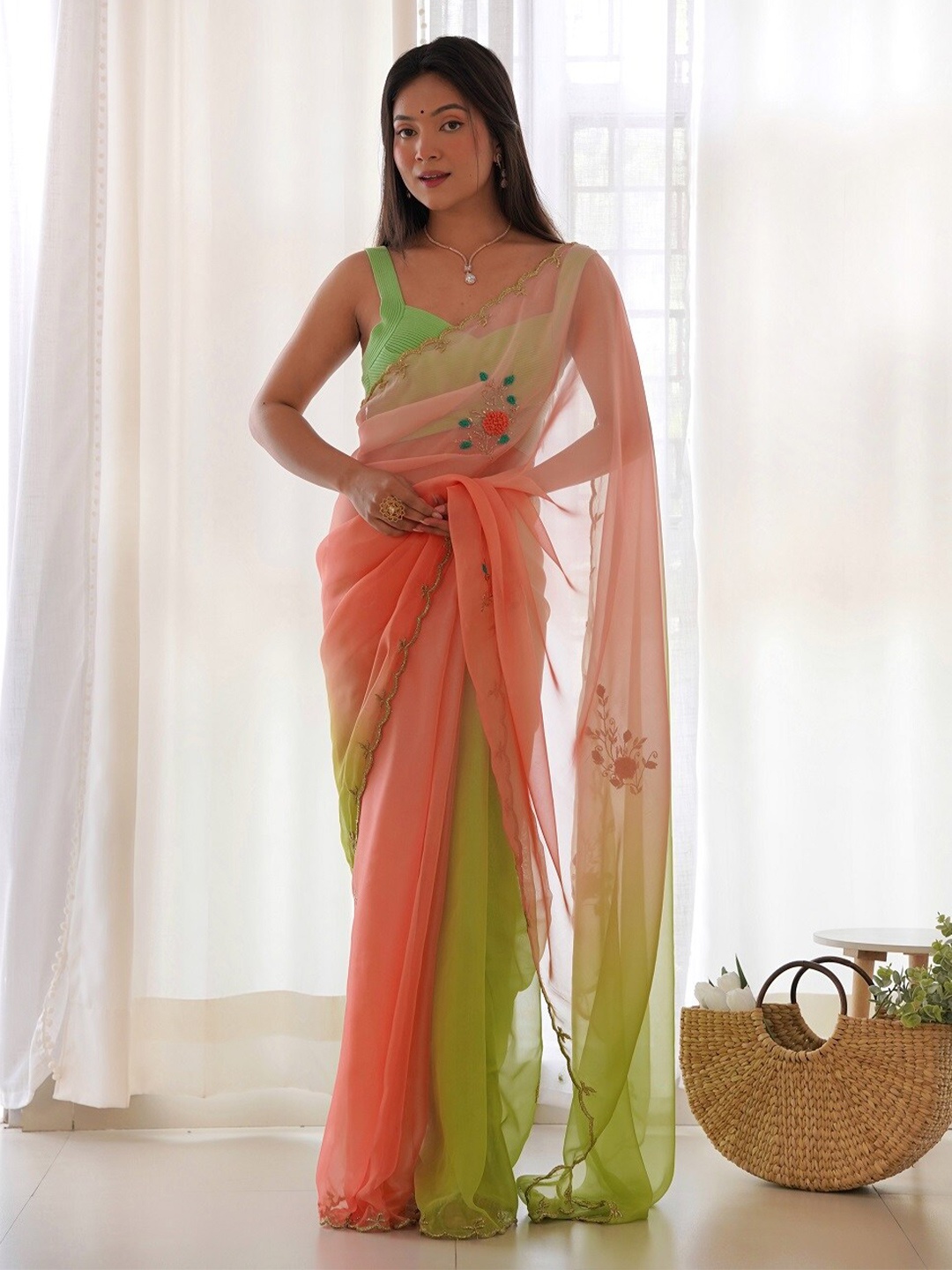 

Kalista Ombre Embroidered Organza Saree, Orange