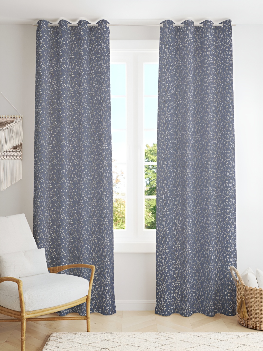 

Kraftiq Homes Grey 2 Pieces Embroidered Room Darkening Eyelet Long Door Curtains