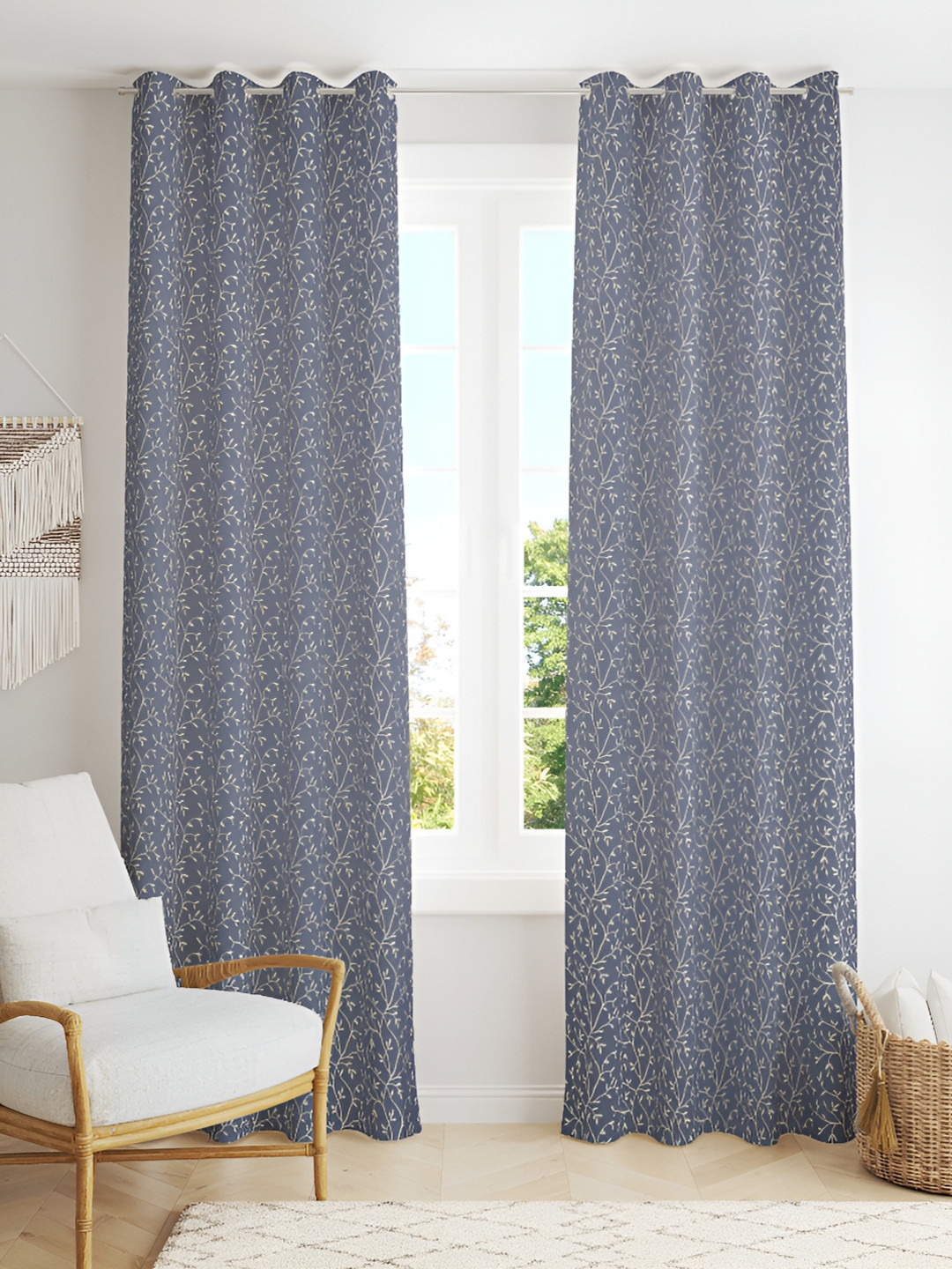 

Kraftiq Homes Grey 2 Pieces Embroidered Room Darkening Door Curtains