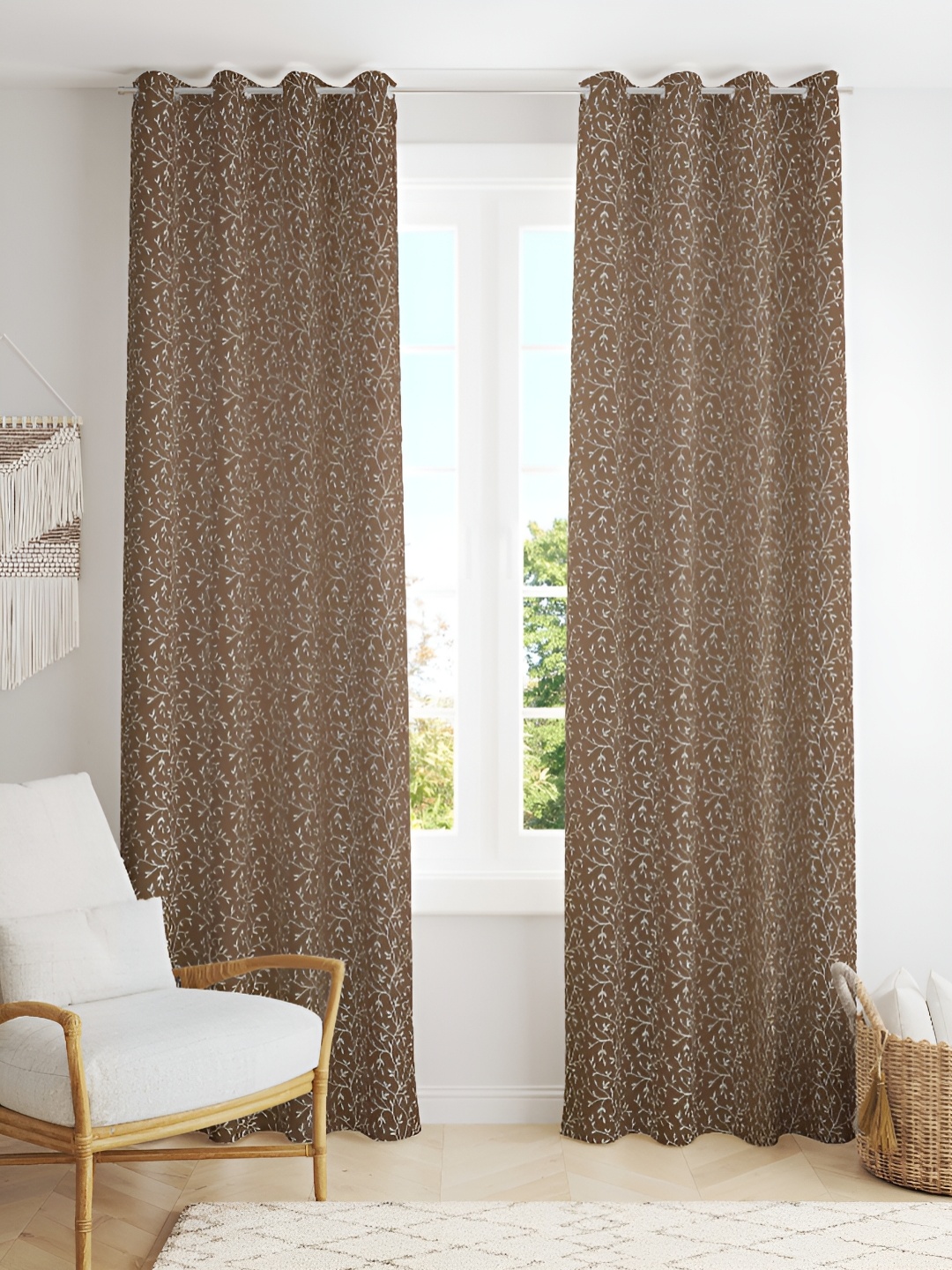 

Kraftiq Homes Brown 2 Pieces Embroidered Room Darkening Eyelet Long Door Curtains