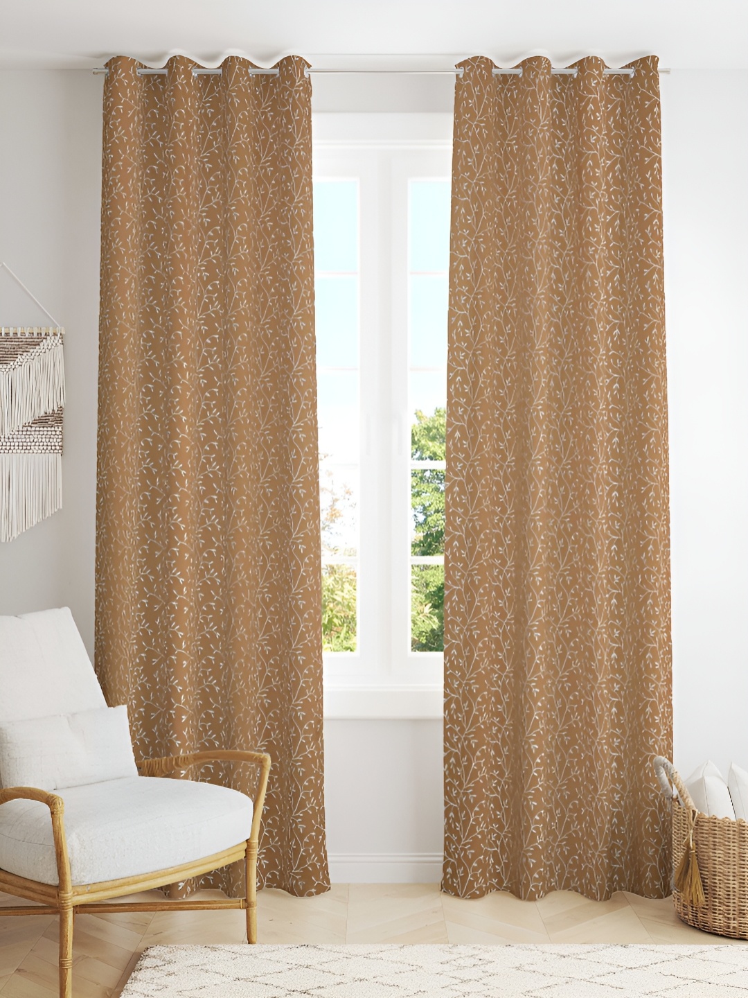 

Kraftiq Homes Gold-Toned 2 Pieces Embroidered Room Darkening Long Door Curtains