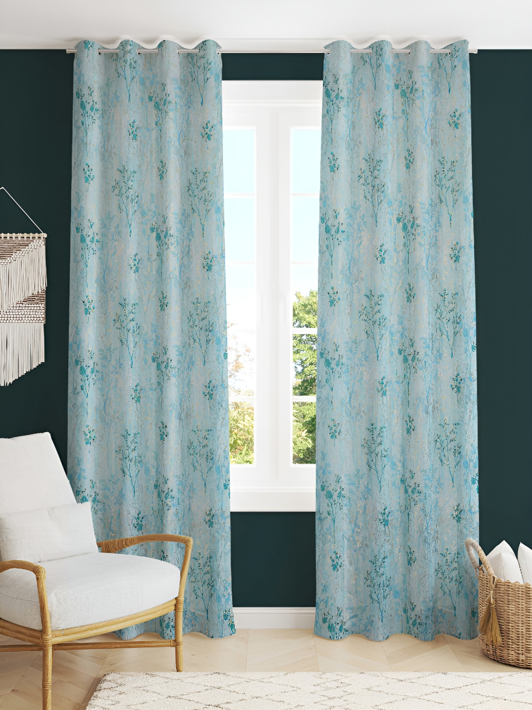 

Kraftiq Homes Blue & Gold-Toned 2 Pieces Floral Velvet Room Darkening Window Curtains
