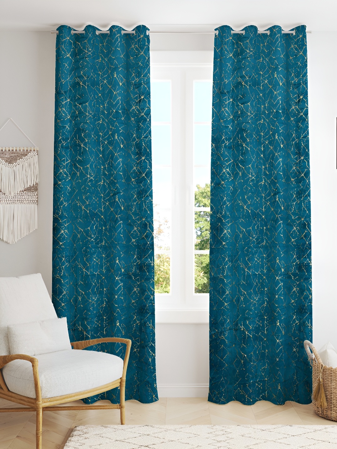 

Kraftiq Homes Blue & Gold Toned Set of 2 Room Darkening Velvet Window Curtains