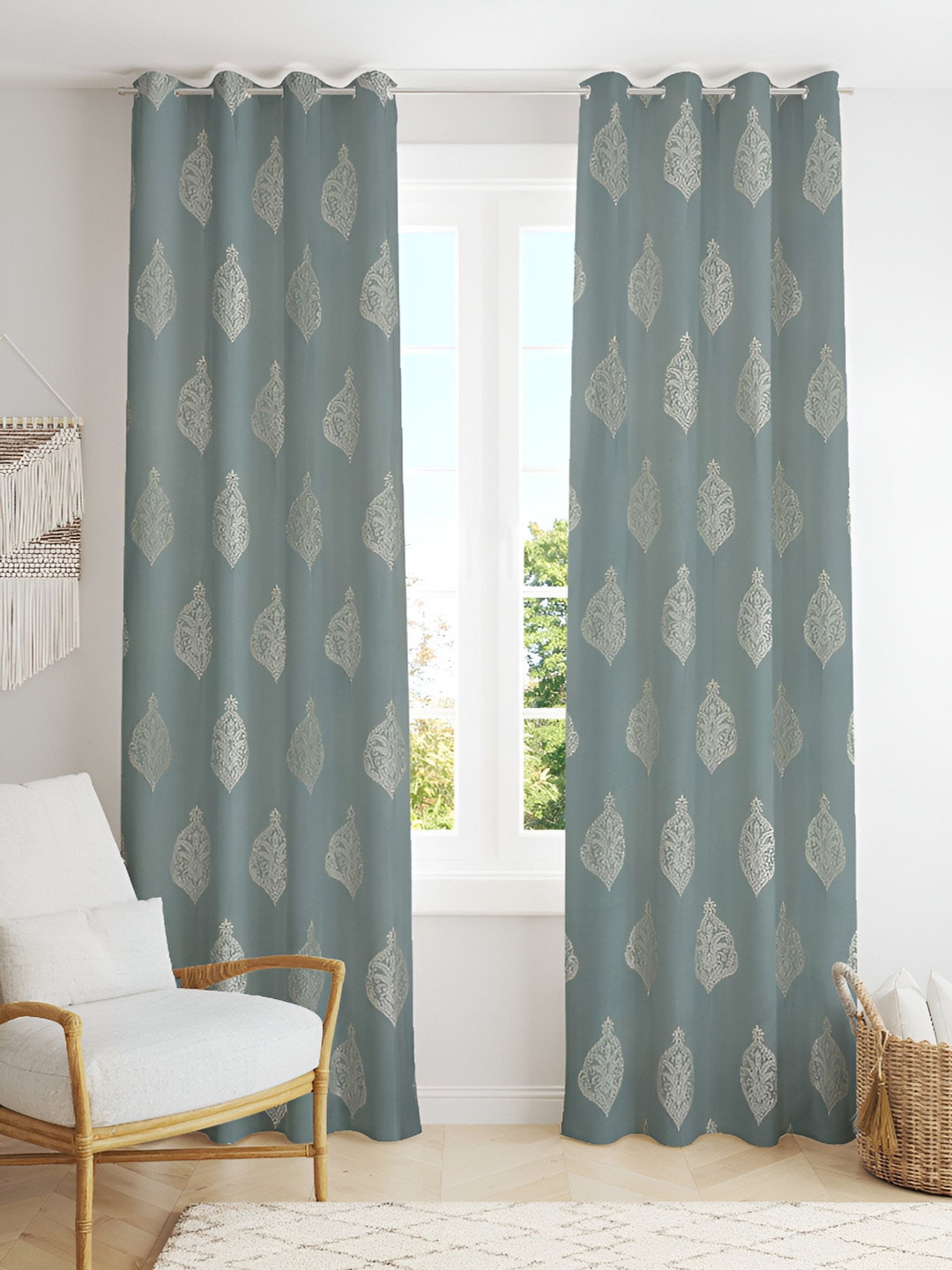 

Kraftiq Homes Blue & Gold Toned 2 Pieces Embroidered Room Darkening Long Door Curtains