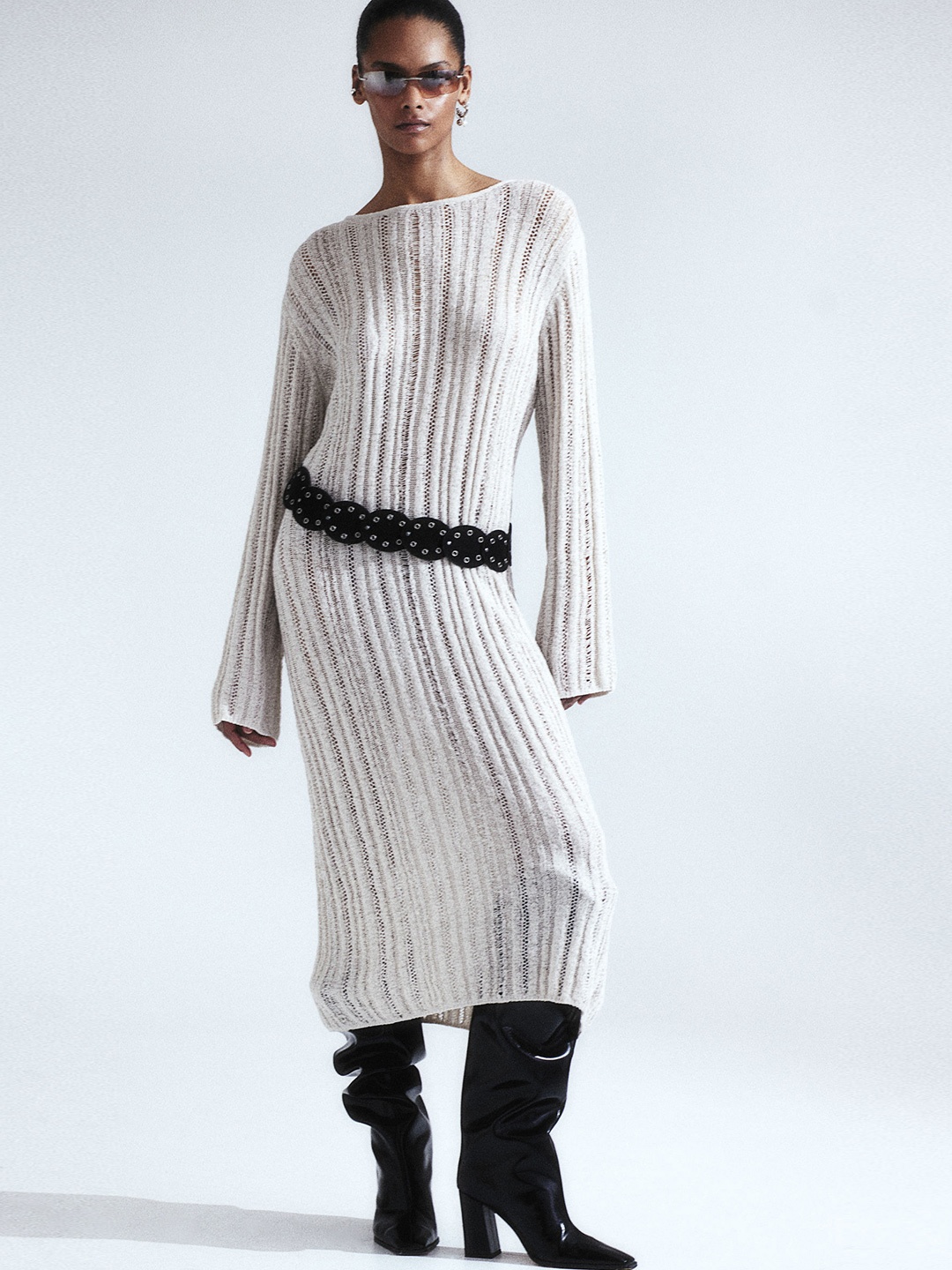 

H&M Ladder-Stitch-Look Knitted Dress, Beige