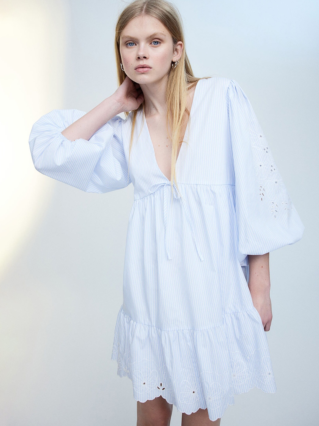 

H&M Pure Cotton Broderie Anglaise Balloon-Sleeved Dress, Blue