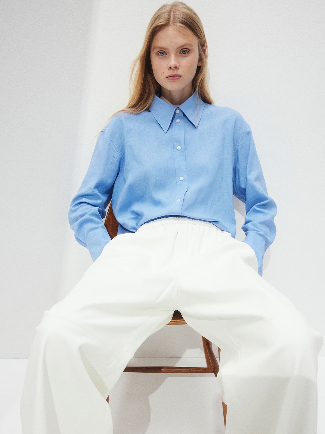 

H&M Oversized Linen-Blend Shirt, Blue