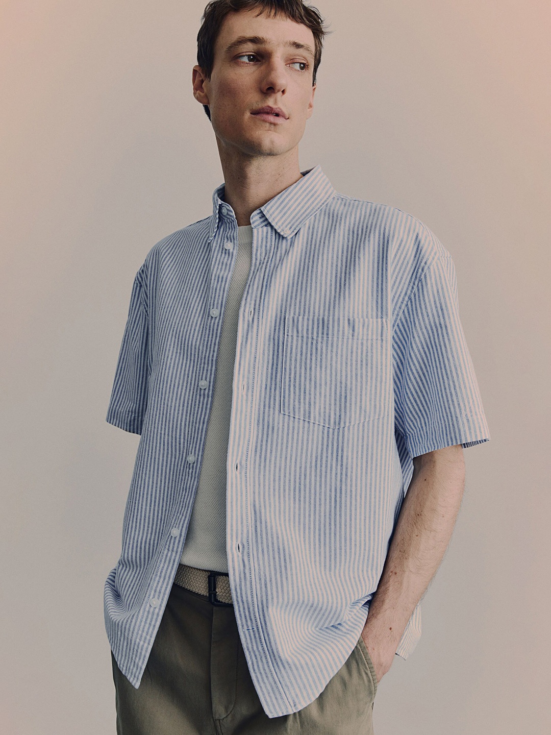 H&M Pure Cotton Loose Fit Short-Sleeved Oxford Shirt, Blue