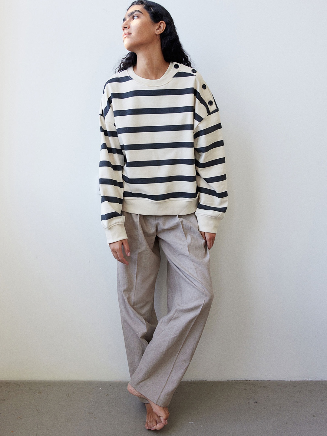 

H&M Button-Detail Sweatshirt, White