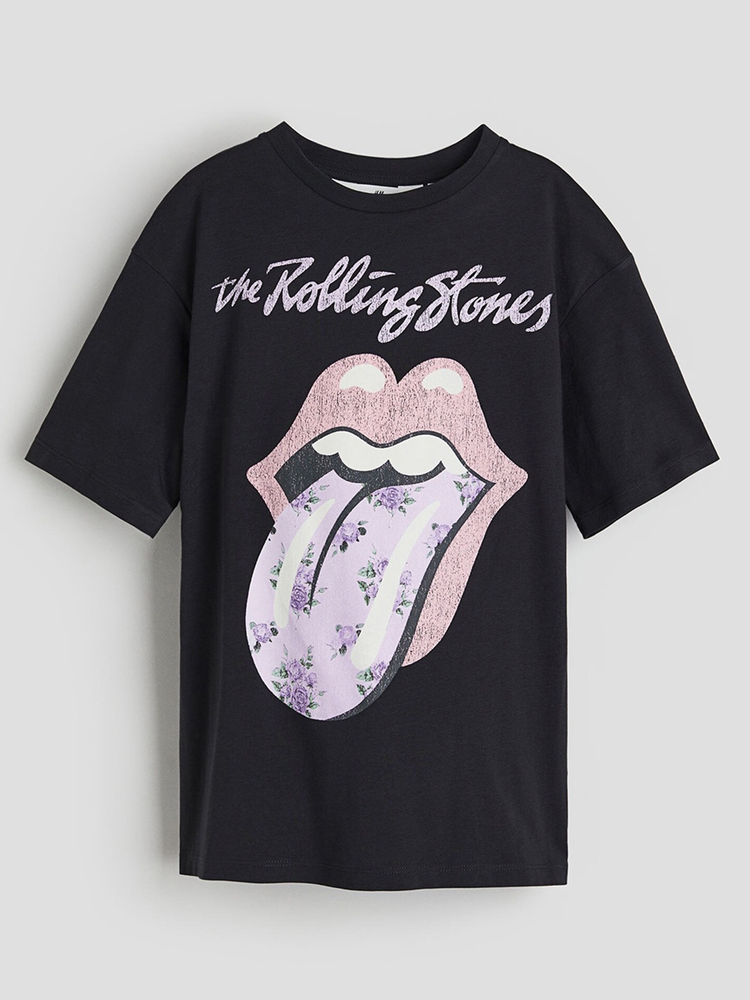 

H&M Girls Pure Cotton Oversized Printed T-Shirt, Black